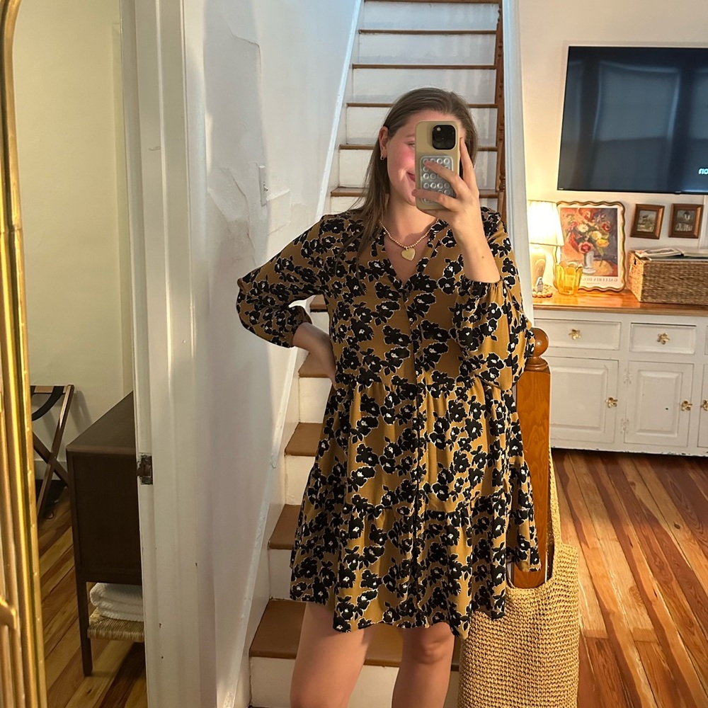 Nine West Black and Tan Floral Long Sleeve Dress